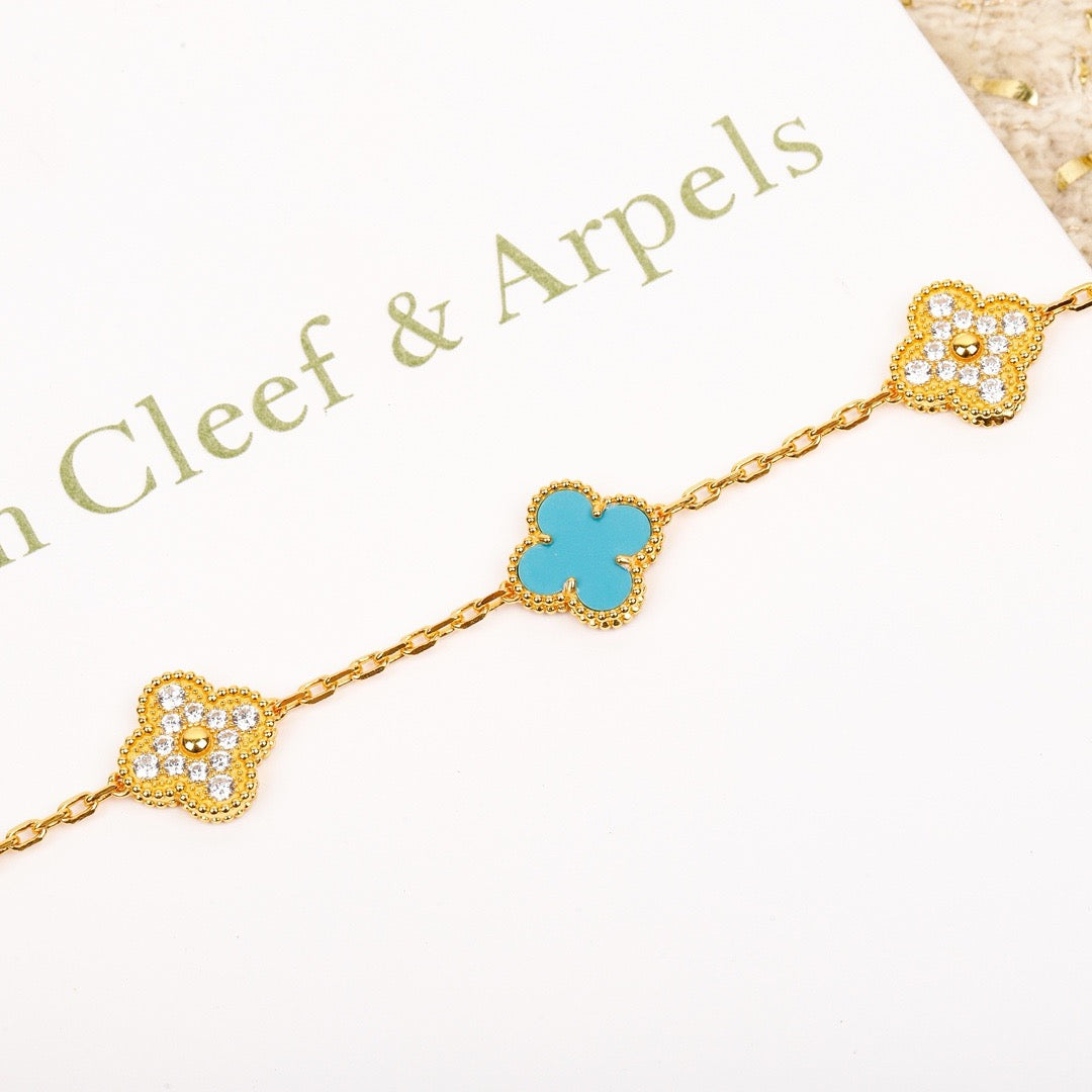 [Violet JW]CLOVER 5 MOTIF TURQUOISE DIAMOND GOLD BRACELET