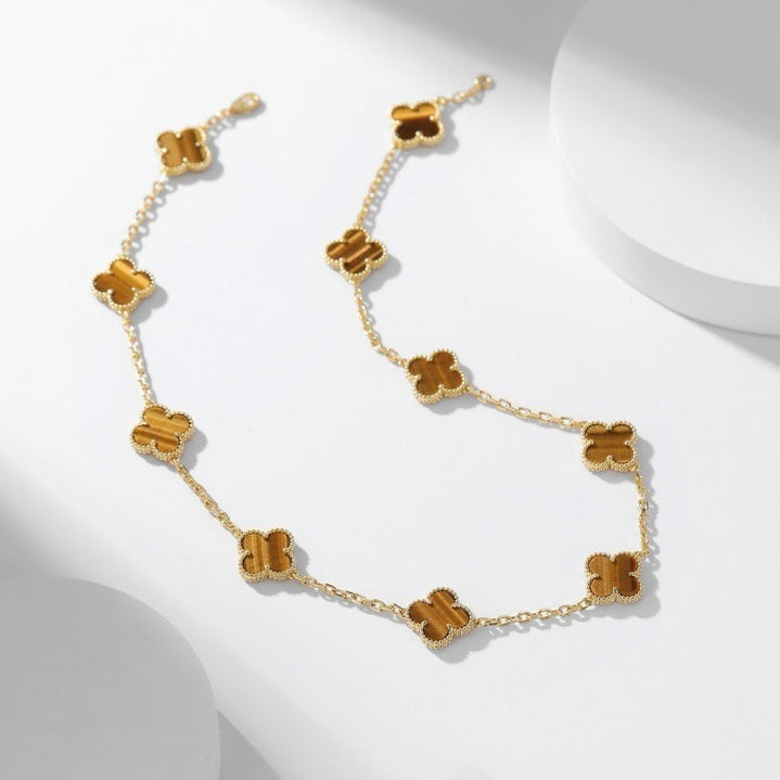 [Violet JW]CLOVER 10 MOTIFS TIGER EYE NECKLACE