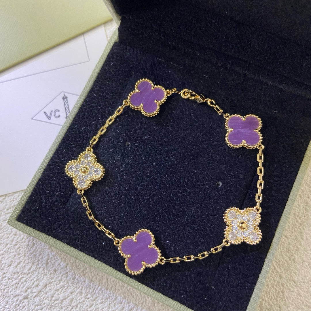 [Violet JW]CLOVER  5 MOTIFS  PURPLE VIOLET DIAMOND BRACELET