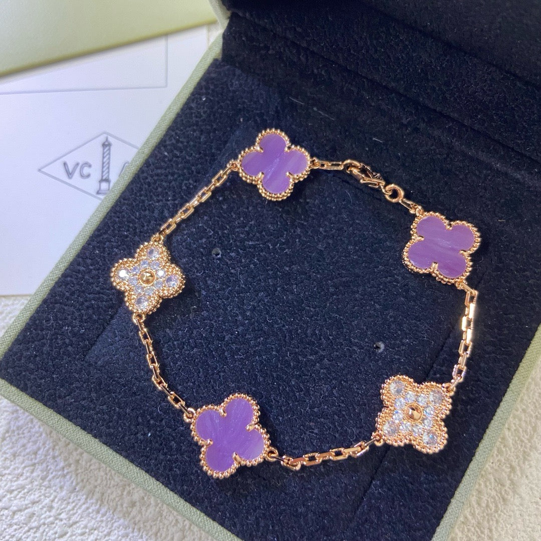 [Violet JW]CLOVER  5 MOTIFS  PURPLE VIOLET DIAMOND BRACELET