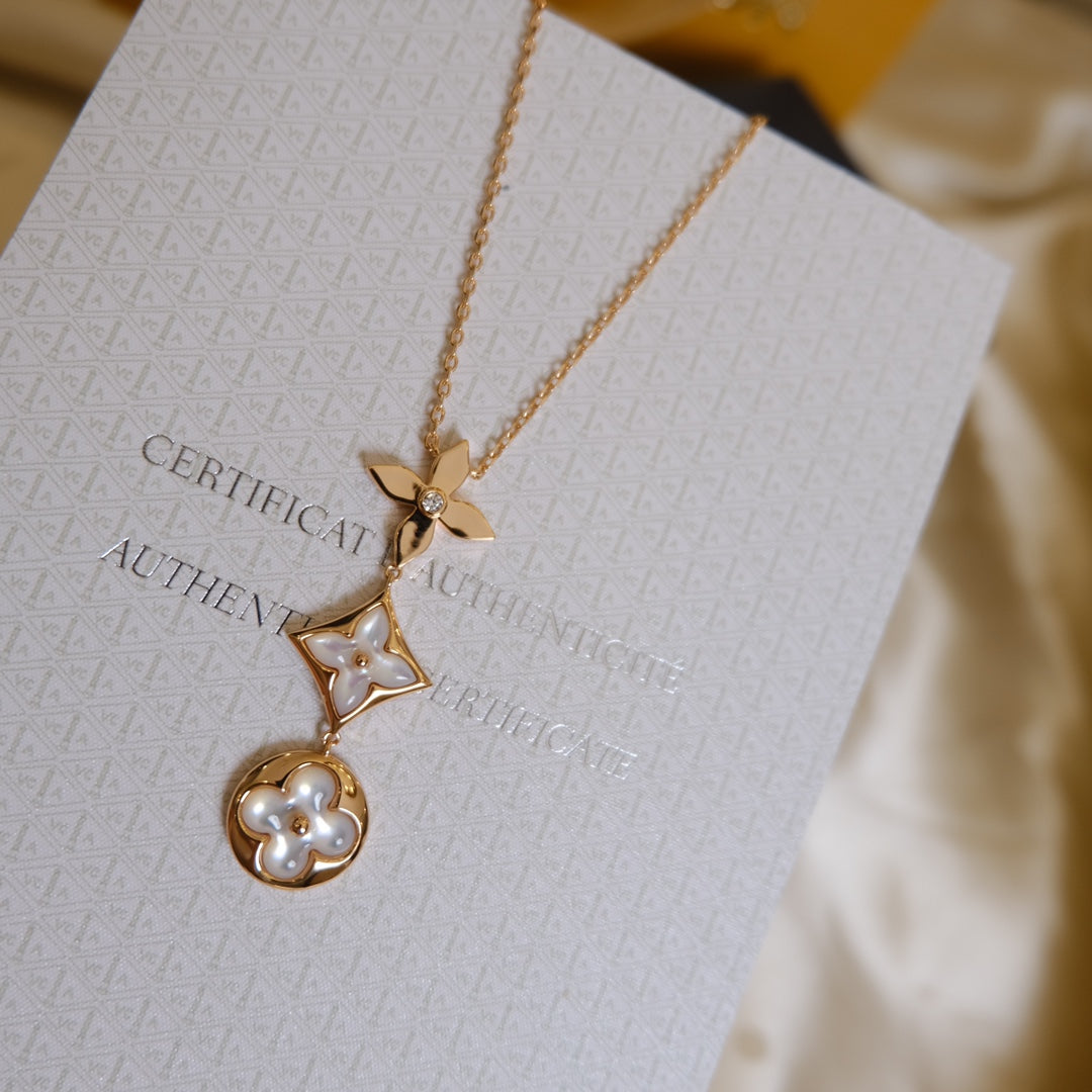[Violet JW]COLOR BLOSSOM LARIAT NECKLACE PINK GOLD WHITE MOTHER PEARL AND DIAMOND