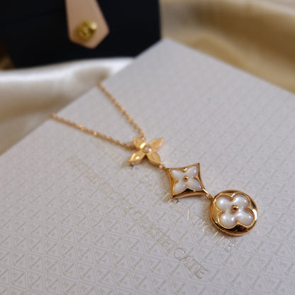 [Violet JW]COLOR BLOSSOM LARIAT NECKLACE PINK GOLD WHITE MOTHER PEARL AND DIAMOND