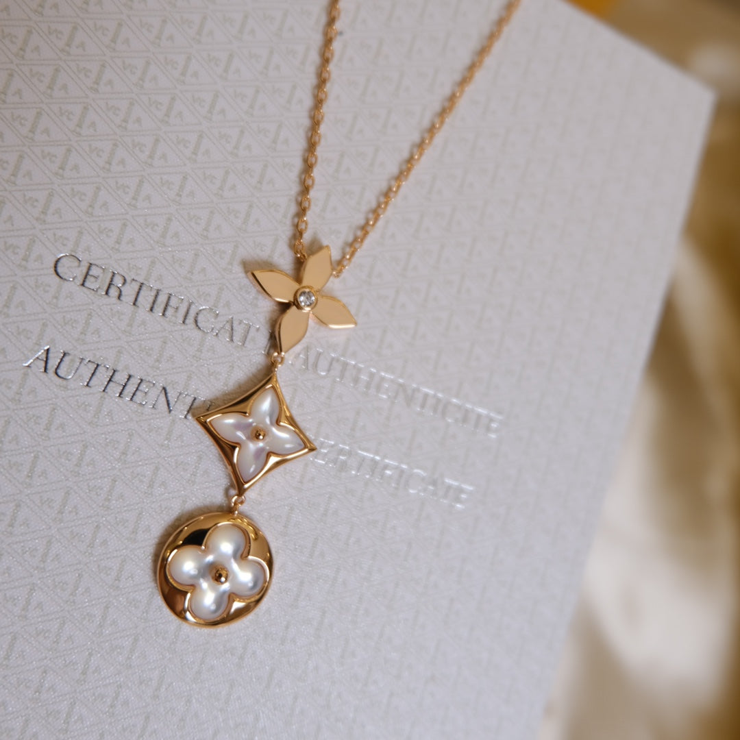 [Violet JW]COLOR BLOSSOM LARIAT NECKLACE PINK GOLD WHITE MOTHER PEARL AND DIAMOND