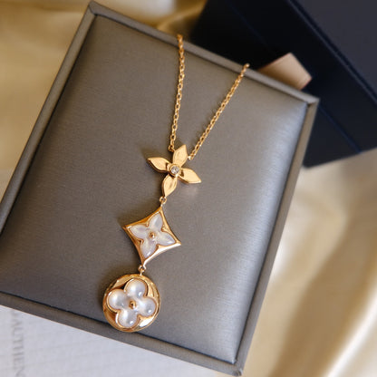 [Violet JW]COLOR BLOSSOM LARIAT NECKLACE PINK GOLD WHITE MOTHER PEARL AND DIAMOND