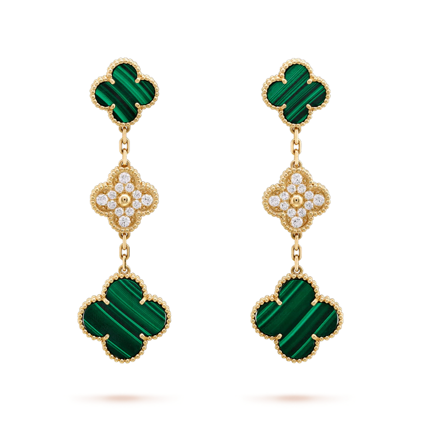 [Violet JW]CLOVER EARRINGS GOLD MALACHITE DIAMOND 3 MOTIF