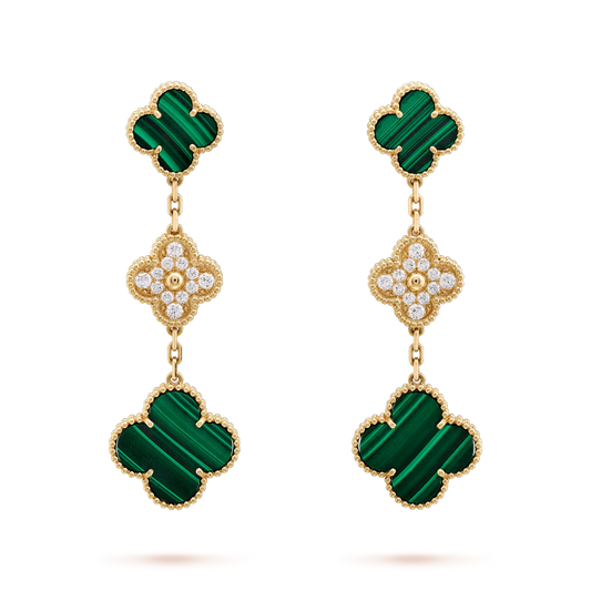 [Violet JW]CLOVER EARRINGS GOLD MALACHITE DIAMOND 3 MOTIF