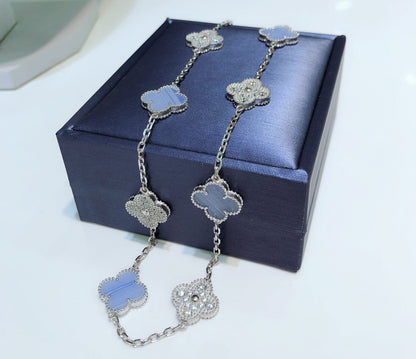 [Violet JW]CLOVER 10 MOTIFS CHALCEDONY DIAMONDS SILVER NECKLACE