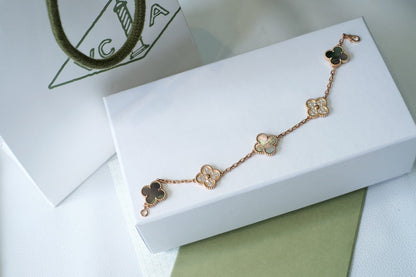 [Violet JW]CLOVER 5 MOTIFS DARK MOP AND DIAMONDS PINK GOLD BRACELET