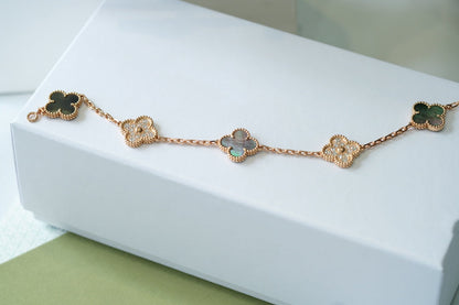 [Violet JW]CLOVER 5 MOTIFS DARK MOP AND DIAMONDS PINK GOLD BRACELET