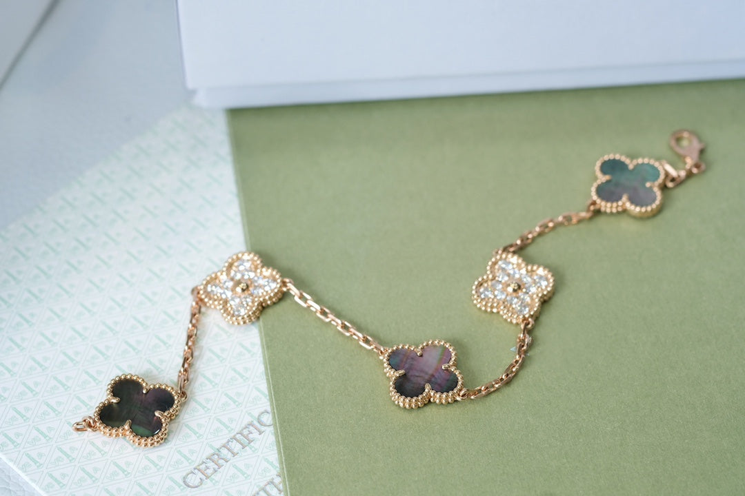 [Violet JW]CLOVER 5 MOTIFS DARK MOP AND DIAMONDS PINK GOLD BRACELET